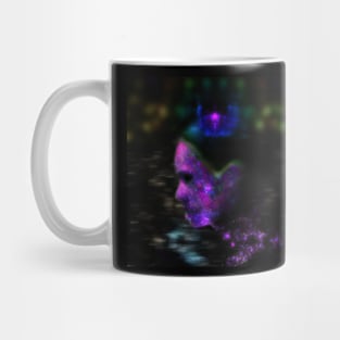 Portrait, digital collage and special processing. Woman in higher state of energy level. Blue, violet and green. Mug